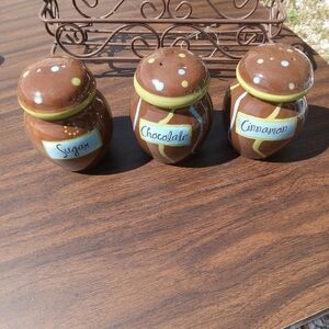 Set of 3 Ceramic  Cinnamon, Sugar, Chocolate Shakers.